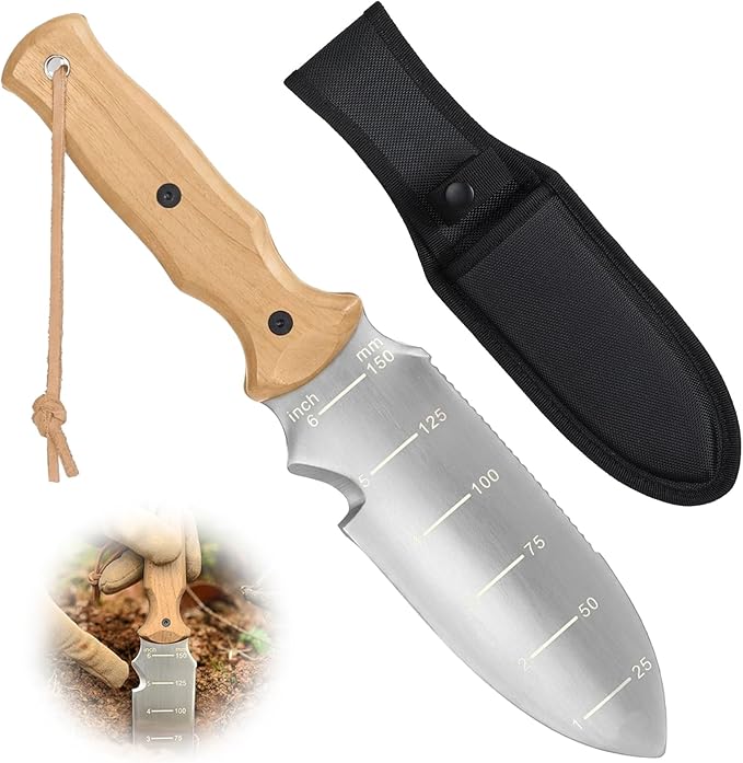 Garden Tools Trowel with EDC Sheath for Weeding Digging Planting, Gifts for Women Mom Her, Gardening Tools with 7" Stainless Steel Blade, Dual-Scale Measurement,Hanging Hole, Gifts for Men Dad Him