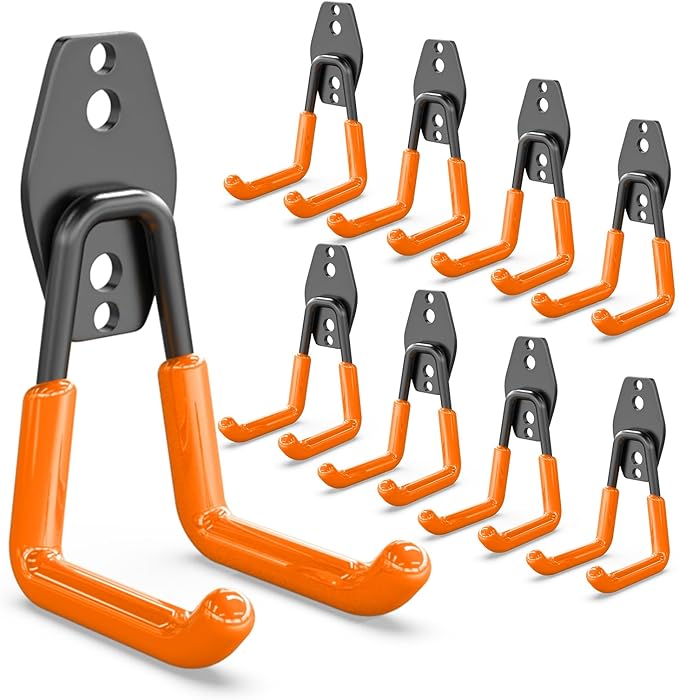 3-H Garage Wall Hooks Heavy Duty 8 Pack, Anti-Slip Steel Wall Mount Storage Hooks for Hanging Ladder Garden Yard Tools, Utility Organizer for Garage Lawn Shed(Orange)