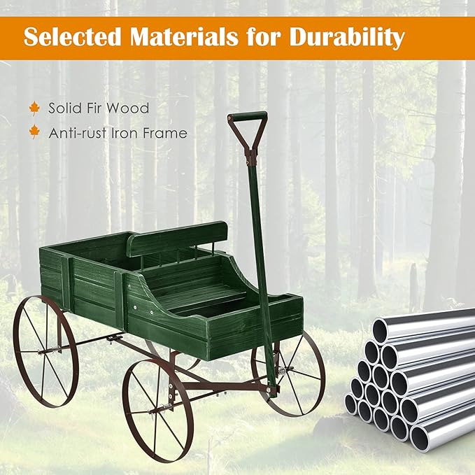 Goplus Wagon Planter, Decorative Wooden Garden Planter with Wheels, 2 Planting Sections and Adjustable Handle, Indoor Outdoor Backyard Balcony Decor (Green)