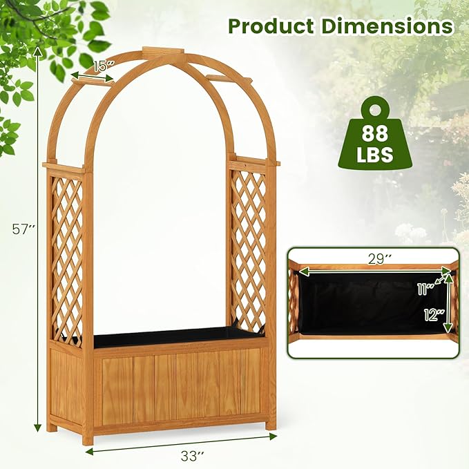 Giantex Raised Garden Bed with Arch Lattice Trellis, for Climbing Vine Flower Vegetable, Wood Planter Box with Liner & Drainage Design, Outdoor Plant Container for Yard Balcony (33"x15"x57")
