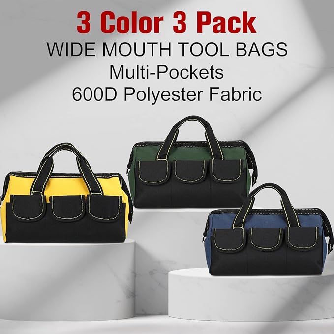 Sanwuta 3 Pack Tool Bag for Men with Waterproof Hard Bottom, Heavy Duty Tool Bag Wide Mouth Tote for Various Instrument, Electrician Carpenter Mechanic(Blue, Yellow, Army Green,13 Inch,Classic)