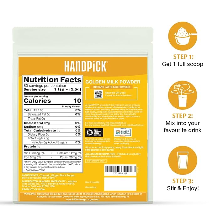 HANDPICK Golden Milk Powder with Turmeric - (7oz, 80 servings) Instant Latte Mix | Blend of Ginger, Black Pepper and Curcumin