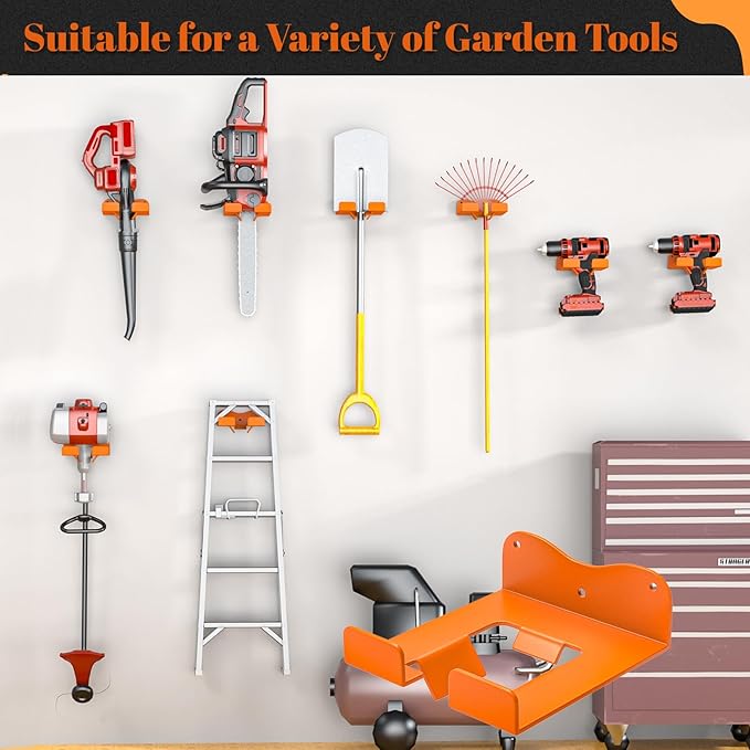 Garage Organizer Trimmer Rack Weedeater Hanger, Garden Power Tool Hanger Weed Whackers Holder Wall Mounted, Heavy Duty Metal Trimmer Hanger for Garage Tool Organizers Storage (Orange-1Pcs)
