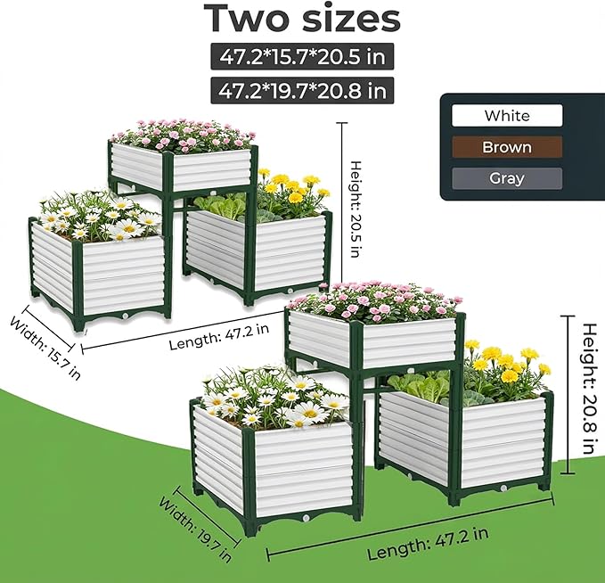 3PCS Raised Garden Beds Outdoor with Legs Planter Box, 47x16x21in Reinforced Support Rods, Drainage Grid, Multi-Combination Options for Vegetables, Flowers, Herbs, Ideal for Balcony, Patio Gardening