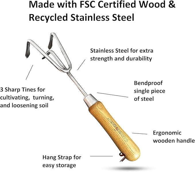 Garden Guru Eco Hand Cultivator Rake Tiller Tool- 100% Recycled Stainless Steel - Rust Resistant - FSC Certified Wood Ergonomic Handle - Great for Gardening Cultivating Loosening Weeding (4 Pack)