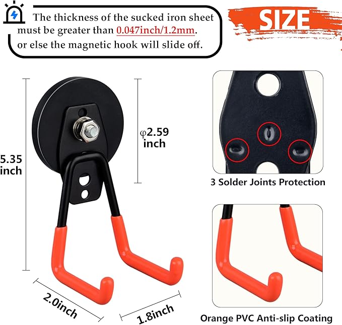 ULIBERMAGNET Heavy Duty Magnetic Garage Hooks,4 Pack Strong Large Magnet Hooks for Power Drill,Garden Tools,Hose,Pegboard,Garage, Workshop,Magnetic Storage Hooks for Indoor Outdoor Hanging(Orange)