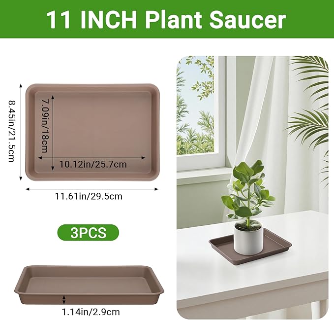 GREANER Brown Plant Saucers for Indoors, 11 Inch Heavy Duty Seedling Starter Trays No Holes, Pebble Tray for Plant Humidity(Set of 3)