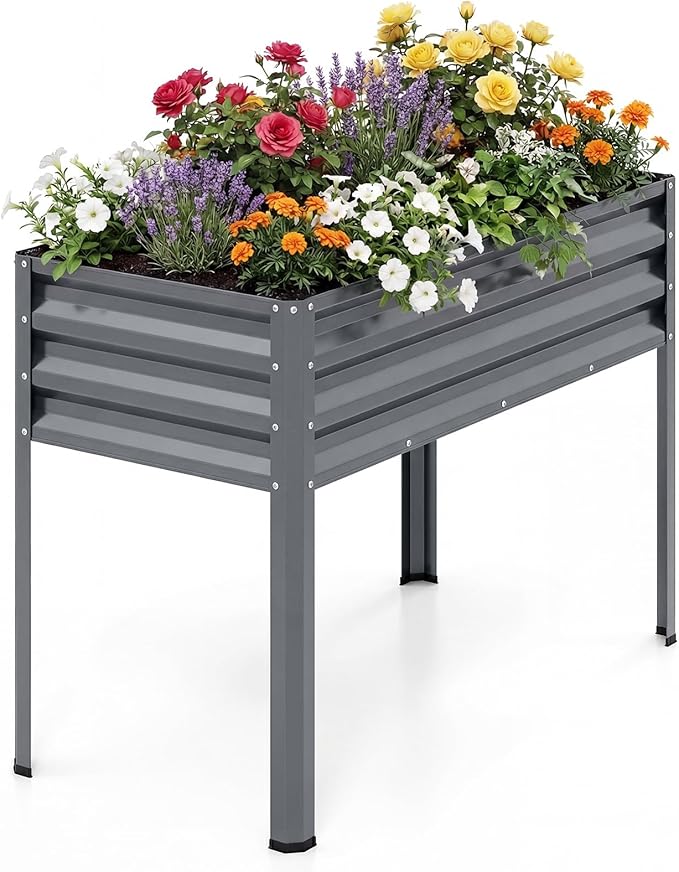 Giantex Raised Garden Bed with Legs, 44" x 22" x 32" Metal Large Elevated Planter Box for Vegetable Flower Fruit Herb, Heavy Duty Outdoor Gardening Planter for Backyard Patio Balcony, Gray