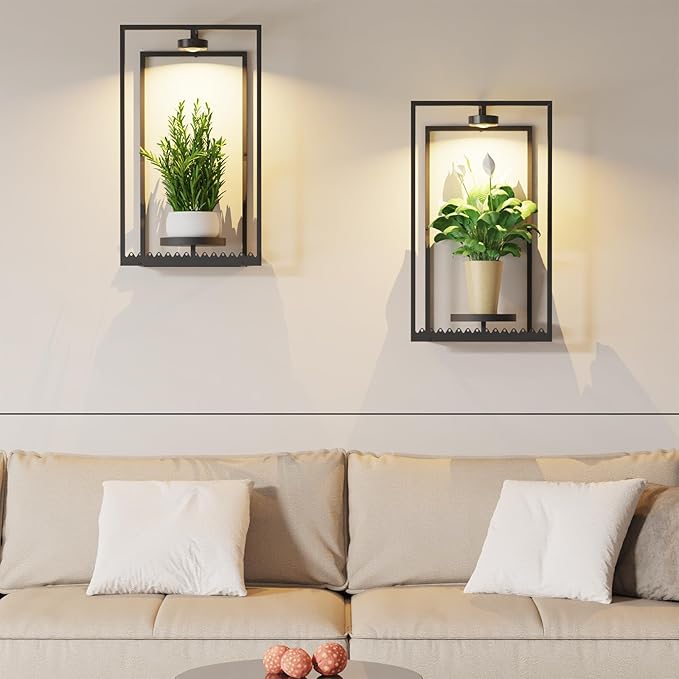 Starxing Wall Plant Shelf with Grow Lights, Remote Control Indoor Plant Holder Stand for Hanging Planters, Modern Framed Wall Decor for Living Room, Home L-2PK