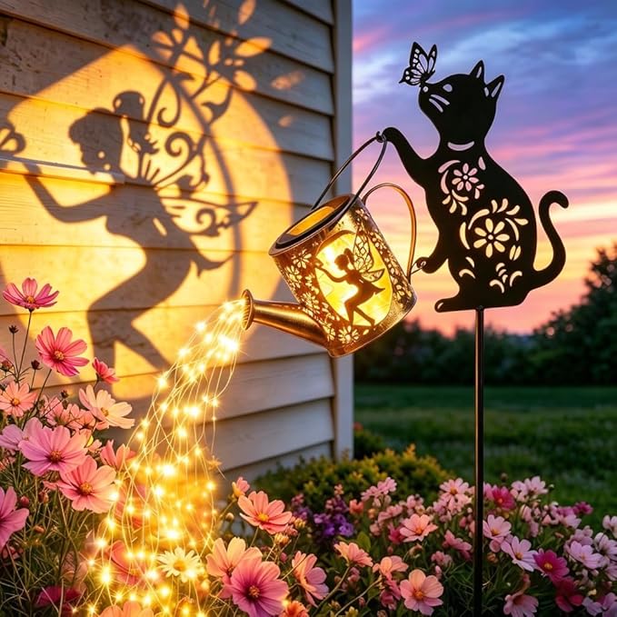 Solar Watering Can Lights with Fairy & Flowers, Outdoor Garden Decor with Cascading String Lights, Waterproof Solar Powered Hanging Lantern for Patio Yard Pathway, Gift for Mom Cat Lovers Gardeners