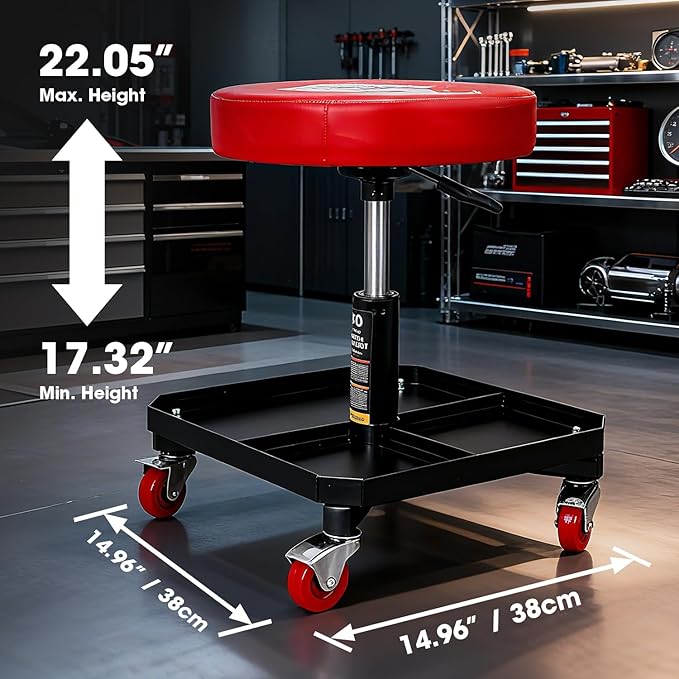 Big RED Rolling Mechanic Stool with Tool Tray, Pneumatic Garage Seat, Adjustable Height Form 17"-22",Storage Workshop Chair for Auto Repair