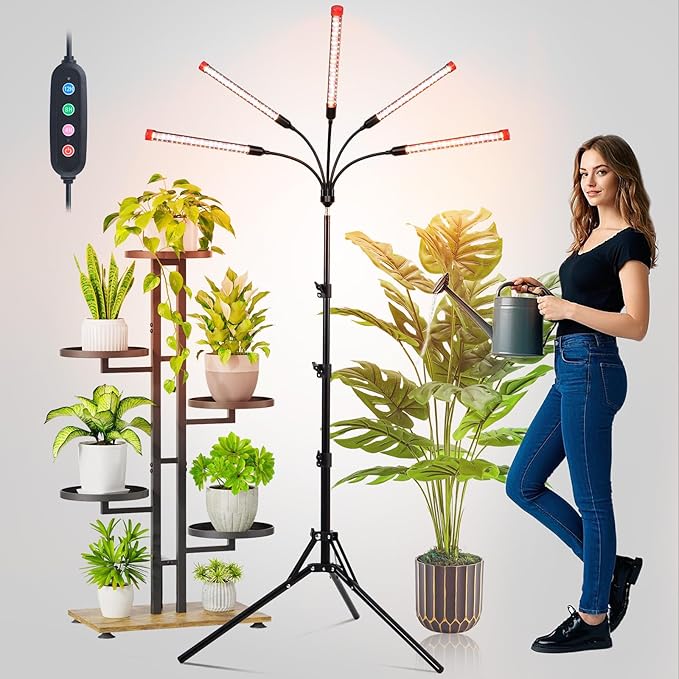FECiDA Gamechanger! 45 Watt Power Draw, NO Need Adapter, 5Head Grow Light with Tripod Stand, 2026 Big Coverage LED Grow Lights for Indoor Tall Plants, Bonsai Tree, 4/8/12/16/20H Timer