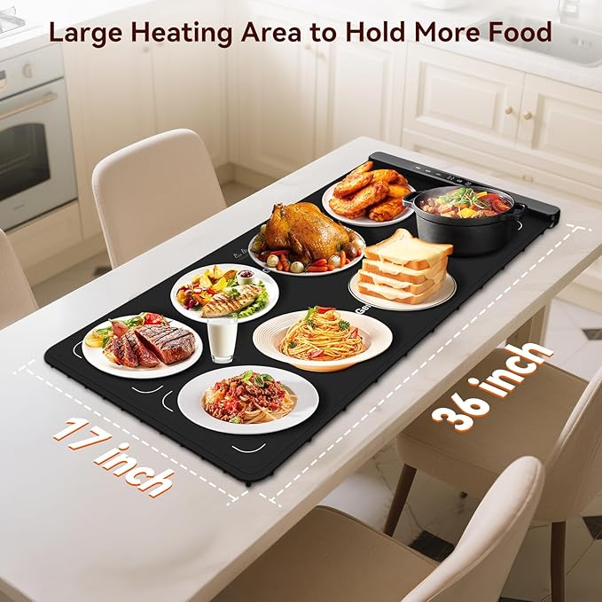 Graphene Warming Mat for Food, Dual-Zone Heating XXL 36”x17”, Food Warmer for Parties Buffets with 6 Temperature & Timer, Child Lock, Daily Use, Gift for Family, Mom, Black