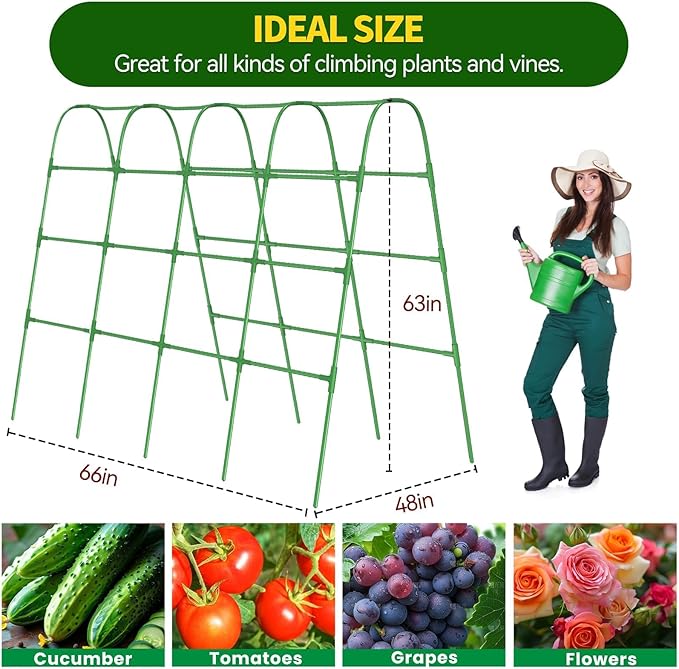 63" Tall Garden Trellis for Climbing Plants Outdoor Cucumber Trellis for Raised Beds Metal U-Frame Arch Tunnel Tomato Cage with Garden Netting for Garpes/Pea/Zucchini/Squash/Bean/Vines