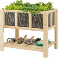 PetsCosset Small Transparent Raised Garden Bed with Legs, Compact Planter Box Stand with Observation Panels & Storage Shelf for Balcony, Patio, Small Spaces (Natural Wood)