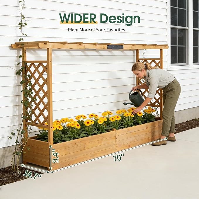 Outvita 45" Raised Garden Bed with Trellis, Wood Planter Box with Hanging Roof, Side Trellis and Drainage Holes, Above Ground Elevated Garden Bed for Outdoor Climbing Plants Vegetables(Teak Color)