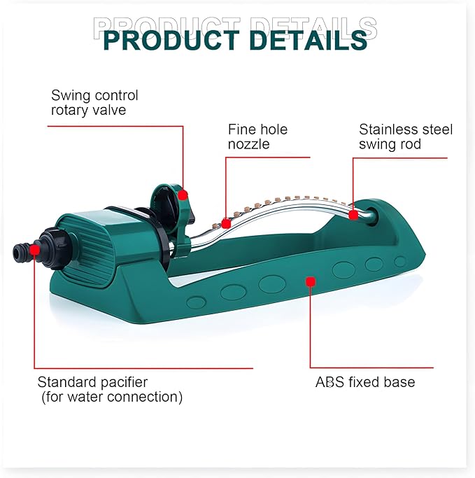 Oscillating Water Sprinkler for Lawn & Garden - Custom Pattern Dial, QuickConnect Adapter