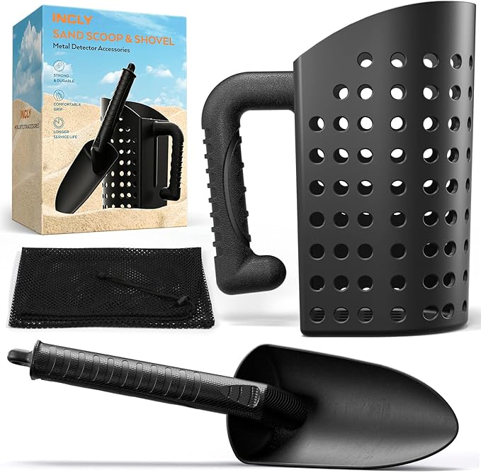 INCLY Sand Scoop & Shovel, Detecting Accessories for Kid & Adult Metal Detector, Sand Sifter Treasure Hunting & Digging Tool at The Beach & More, Black - Come with Mesh Bag
