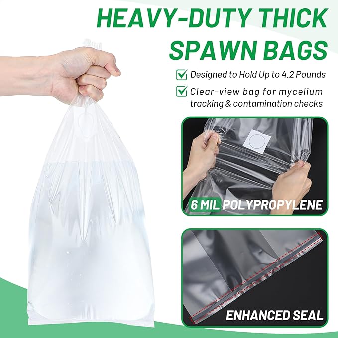 GREANER 6 Mil 100PCS Mushroom Bag, Large Size 8"x5"x20" Grain Spawn Bags for Bamboo、Fungus、Ganoderma、Mushrooms、Substrates、Grains