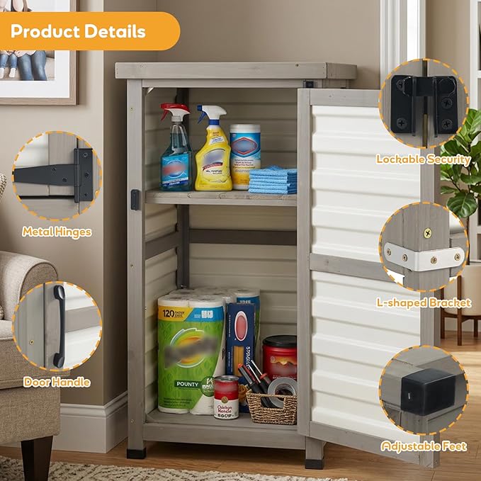 PetsCosset Small Outdoor Storage Cabinet, Wood & Plastic Potting Bench Table Tool Organizer for Patio Backyard Garden, Metal Top, Adjustable Shelf, Corner Storage for Narrow Spaces