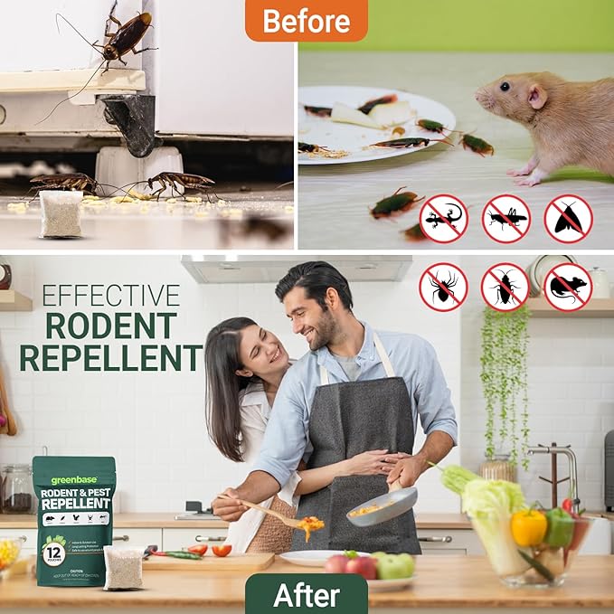 12 Pack Natural Rodent Repellent Pouches – Peppermint, Rosemary & Lemongrass Mouse & Rat Repellent for Home, Garage, Car, RV, Basement & Attic – Long Lasting Pest Control Safe for People & Pets