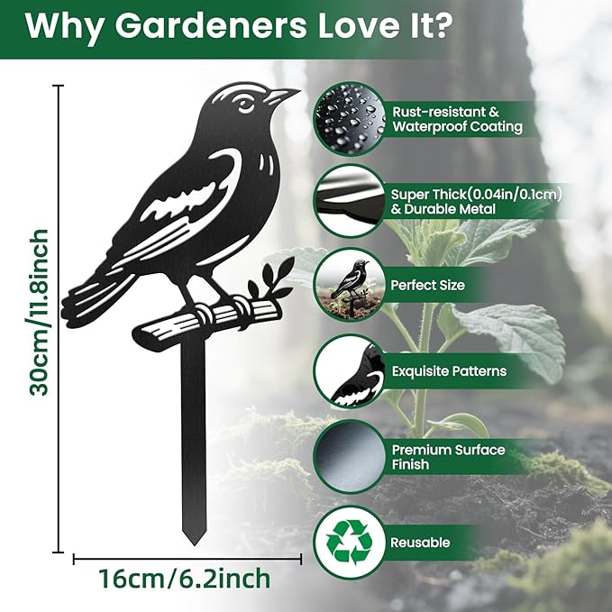 CUTHOLLOW Metal Plant Marker Stake Bird and Branch for Outdoor Indoor, Waterproof 11.8 inch Cute Garden Plant Labels Sign Tag for Herb, Farmhouse Greenhouse Decor - Funny Gardening Gifts