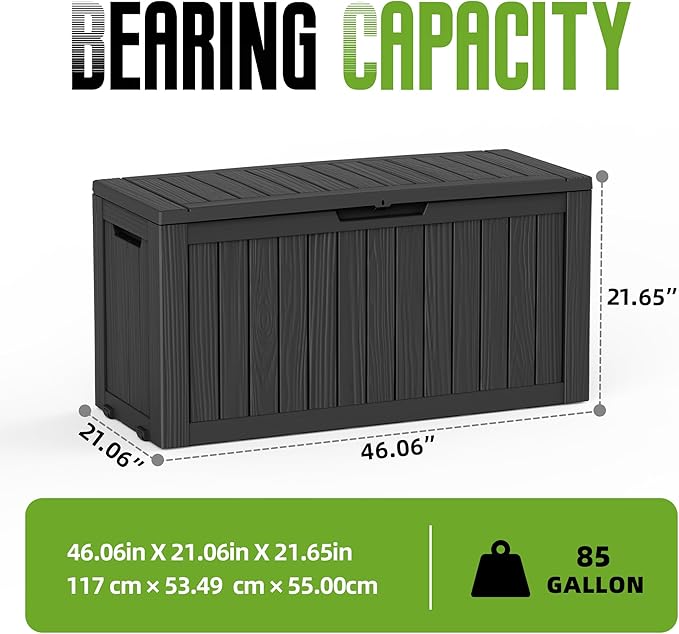 85 Gallon Outdoor Storage Deck Box Waterproof Resin Lockable Outside Bench Porch Patio Furniture Pool Float Garden Tool Cushion UV Resistant Bin Black