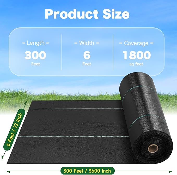 6 FT x 300 FT Weed Barrier Landscape Fabric 2 Packs - 3.2OZ Heavy Duty Weed Blocker Garden Cloth with Permeability, Woven Weed Control Ground Cover for Gravel, Lawn, Flower Bed