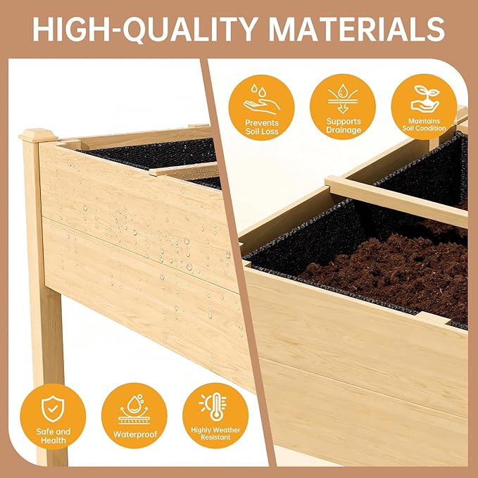 Acenova Raised Garden Bed Outdoor, 48 x 24 x 30 Inch Elevated Wooden Garden Bed with Legs and Liner, Raised Beds for Gardening with Grow Bag and Tool Hook, Planter Box for Patio Backyard Balcony