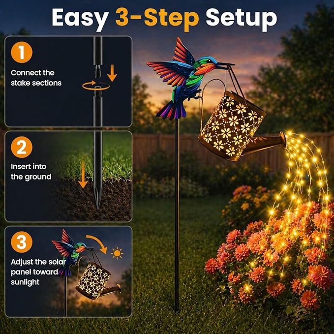 SSQPVEH Solar Watering Can Lights Outdoor, 30.7-Inch Metal Garden Stake Light with Hummingbird Hook, 36 LED Cascading Warm White Waterfall Light for Yard, Lawn, Patio, Garden Decor Gift for Mom