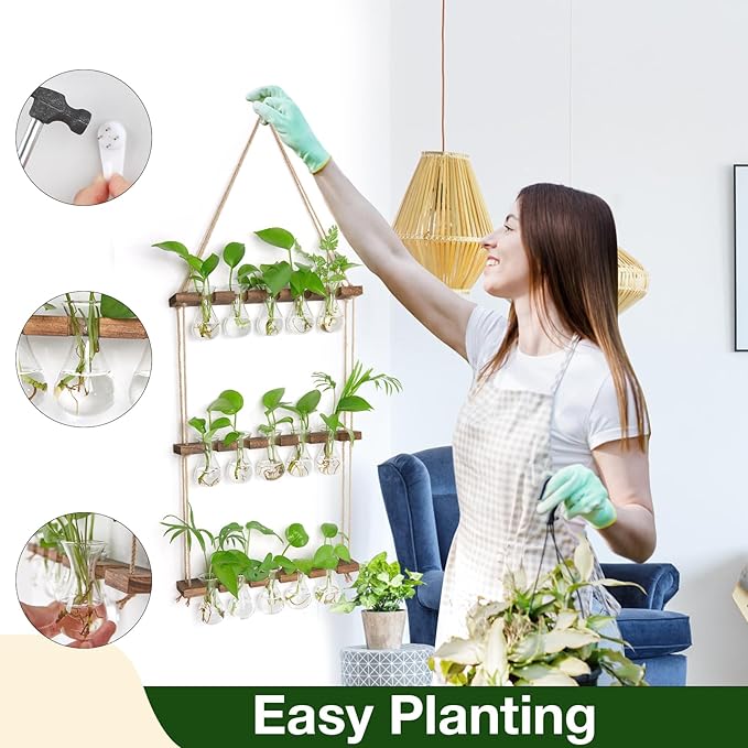 XXXFLOWER Wall Hanging Propagation Station with Wooden Stand 5 Bulb Vase 3 Tiers Planters Wall Terrarium for Home Office Plant Hanger Flower Vases Wall Decor(Brown)