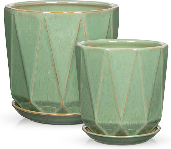 Oairse Ceramic Pots for Plants, 8+6 inch Plant Pots with Drainages Holes & Saucers Large Sage Green Ceramic Planters Decorative Flower Pot for Indoor Plants Outdoor Inoor