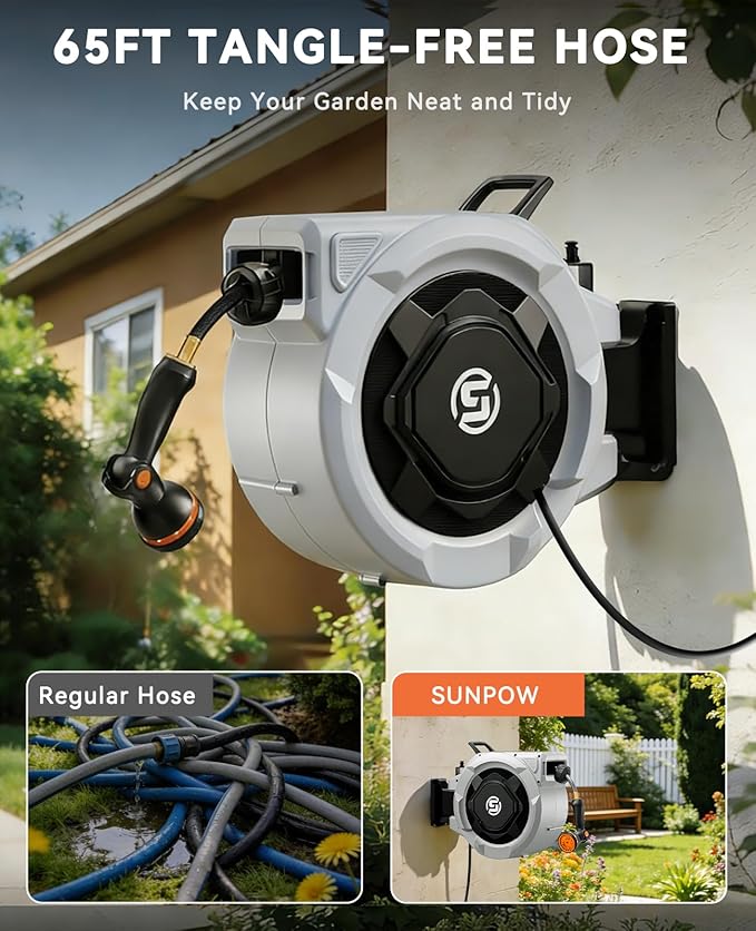 SUNPOW Retractable Garden Hose Reel - 5/8in x 65ft Heavy Duty Wall Mounted Hose Reel with 3/4in Brass Fitting & 10 Function Nozzle - Any Length Lock, Auto Rewind System, 180°Swivel Bracket - Gray