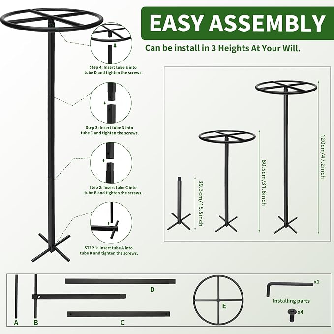 1 Pcs Adjustable Round Metal Dragon Fruit Plant Trellis 12" x 12" x 50" Durable Vertical Support Tower Plant Cage for Gardening Climbing Plants Trees Cactus Outdoor Garden, Installation Required