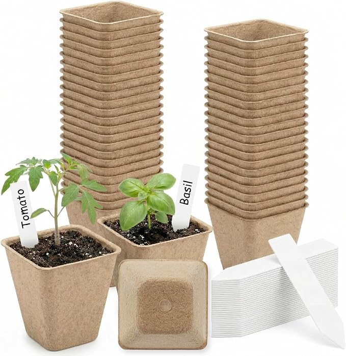 NEWMIAO 60 Pack 3.15 Inch Square Peat Pots, Biodegradable Seed Starter Pots for Seedlings with Single Drainage Hole, Square Nursery Pots Germination Kit Including 100 Plant Labels