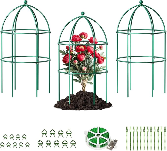 DoCred 3 Pack Plant Support Cage Large Peony Cages and Supports Peony Cage Obelisk Trellis for Climbing Plants Tomato Cages Plant Supports for Outdoor Plants Garden Decor, Green