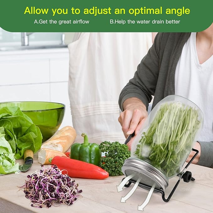 Sprouting Lids Growing Kit - 316 Stainless Steel Sprouting Lids for 86mm Wide Mouth Mason Jar with Adjustable Stands - Organic Sprouts, Broccoli, Alfalfa Mung Bean Sprout Kit (Set of 4)