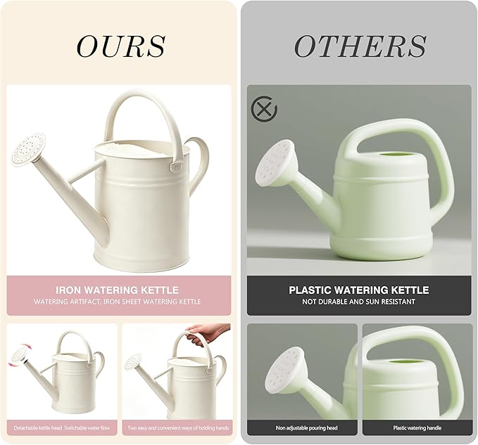 Metal Watering Can for Outdoor and Indoor Plants, Watering Can Decor, 1 Gallon（Cream White）