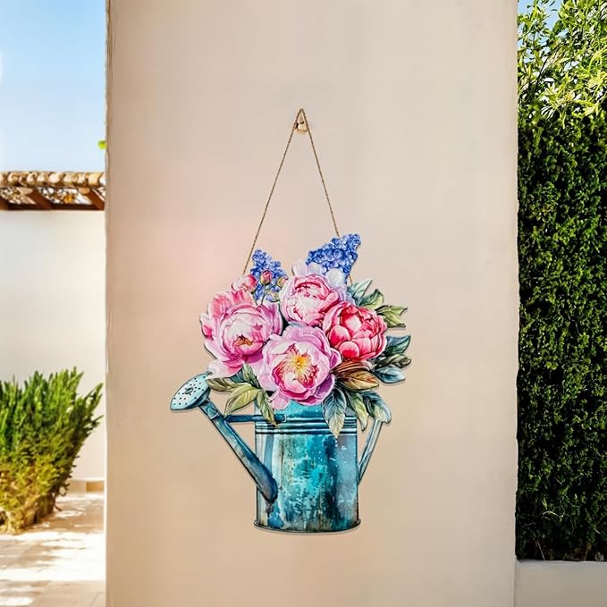 Quterhero Watering Can Flower Wall Decor, Metal Hanging Art for Indoor Outdoor Wall or Porch, Vintage Farmhouse Porch Decor Gift for Mom, Women, Friends(Peony)