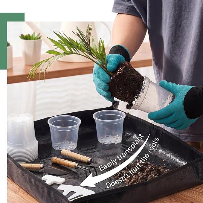83 Pcs Garden Supplies Tools Kit, 4 Inch Clear Plastic Plant Pots with Transplanting Mat, Trowel Cultivator Rake Set, Label & Glove, Succulent Tools Gift for Plant Lovers Accessory