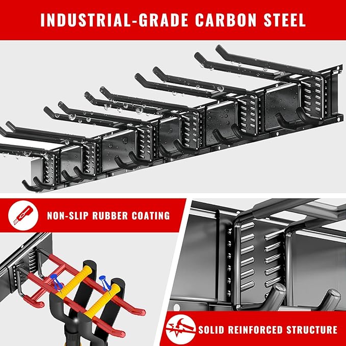 Garage Tool Organizer Wall Mount, Easy to 48inch Install Heavy-Duty Garage Storage System with Adjustable 7 Hooks, Garden Tool Rack for Shovels, Rakes, Yard Tools