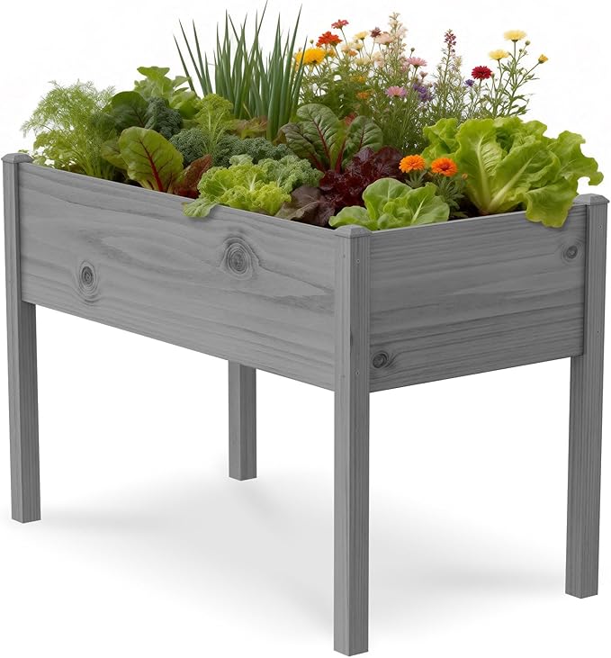 SUNYRISY Wooden Raised Garden Bed Outdoor with Legs for Gardening, 45.6" L x 23.6" W x 31.5" H Elevated Planter Garden Box Raised Bed for Planting Vegetable Flower Herb, Gray