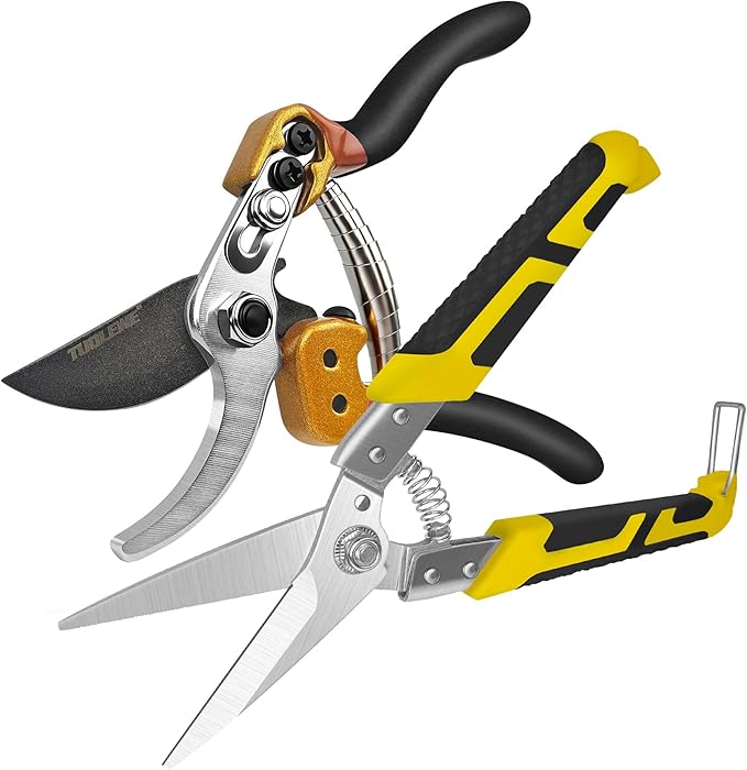 Professional 2-Pack Pruning Shears and Tin Snips Heavy Duty Garden Clippers with Japanese SK5 Steel and Stainless Steel Blades for Branch Cutting Bonsai Gardening Cardboard