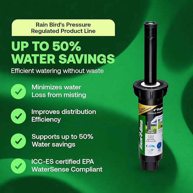 Rain Bird 1804QDSP25 Pressure Regulating (PRS) Professional Dual Spray Pop-Up Sprinkler, 90° Quarter Circle Pattern, 8' - 15' Spray Distance, 4" Pop-up Height