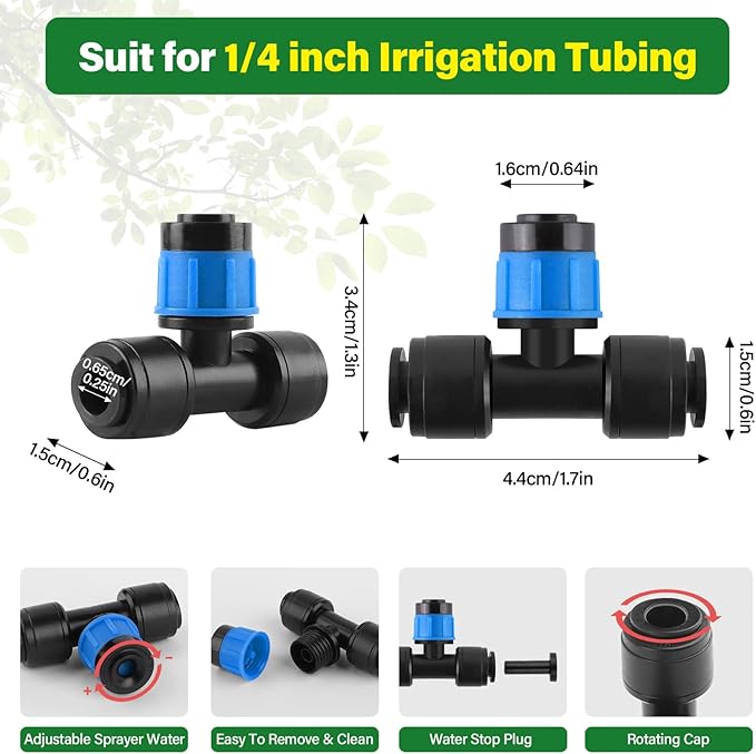 Kalolary 30Pcs Push-to-Fit Drip Irrigation Emitters for 1/4" Tubing, Adjustable 360 Degree Vortex Drip Emitters Irrigation Dripper Sprinklers with 6PCS End Plugs for Garden Irrigation System(Blue)