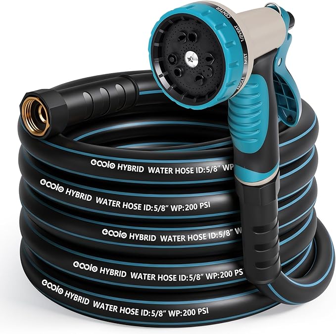 Heavy Duty Garden Hose 25 ft, NON-EXPANDABLE Water Hose with 10 Function Spray Nozzle, Lightweight Kink-less Hybrid Hose with Swivel Handle, Male to Female Fittings