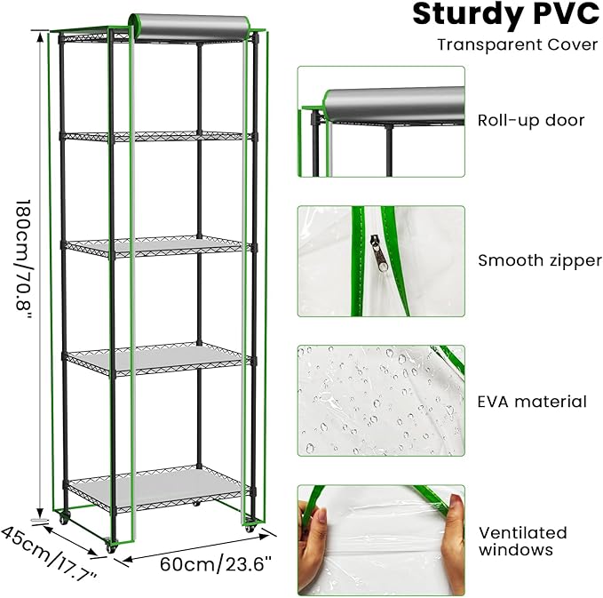 Indoor Greenhouse with Grow Light, 5 Tier Mini Greenhouse, Full Spectrum Grow Light with Timer, Plant Shelf with PVC Cover for Seed Starting, Herbs, Vegetables, Balcony, 23.6×17.7×70.8 Inch
