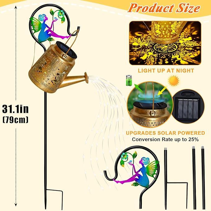 ostritec Solar Watering Can Lights Outdoor Garden Decor, Large Fairy Hanging Lantern with Shepherd Hook, Waterproof Garden Lights for Outdoor Yard, Gifts for Mom Grandma Mothers Day Gifts