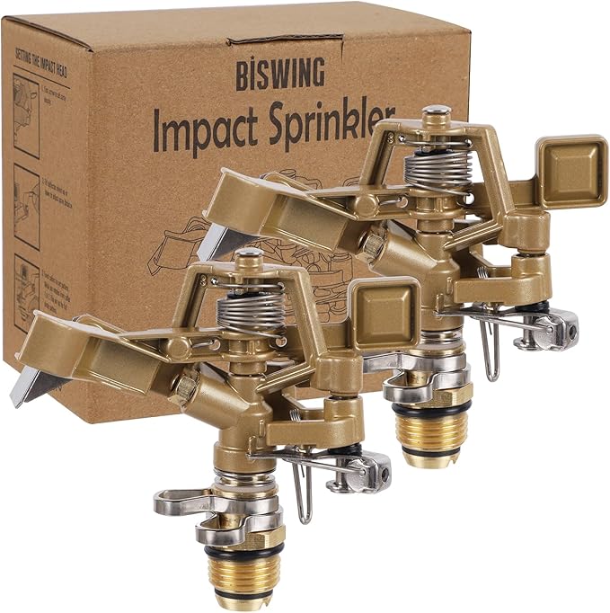 Biswing 1/2 Inch Impact Sprinkler 2 Pack, Heavy Duty Zinc Alloy Lawn Sprinkler Head with Nozzle, Adjustable 20-360 Degree Large Coverage Pattern, Watering Sprinkler for Grass Patio Garden Irrigation