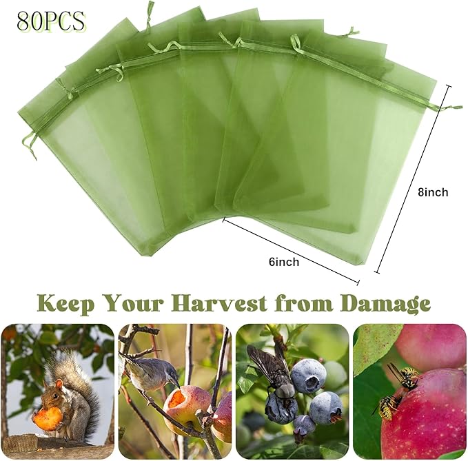 Unves 6 x 8 Inch Fruit Protection Bags, 80 Pcs Drawstring Mesh Bags for Apple Orange Figs Tomatoes Strawberry Plant Protection, Mesh Netting for Fruits Tree Vegetables Fruit Tree Covers